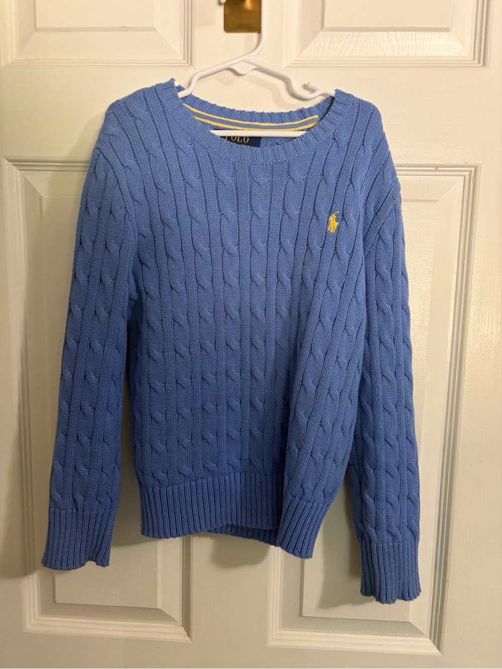 Ralph Lauren Light Blue Cable Knit Sweater with Yellow Pony Logo
